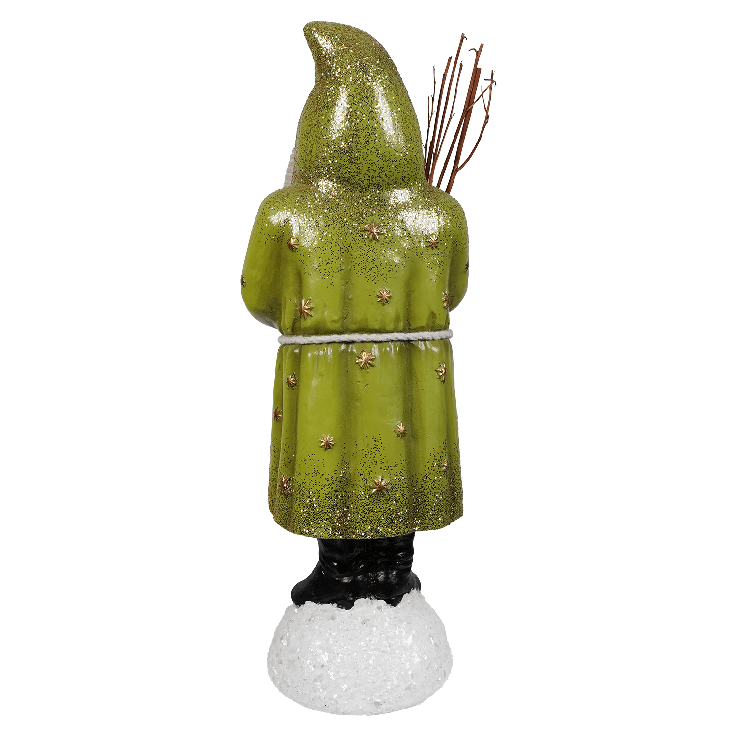 Glittery olive green nostalgic green belsnickle gnome figurine with gold stars and twig bundle by bethany lowe designs