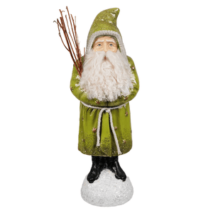 A glittery green belsnickle santa figurine with a white beard holding twigs on a snowy base by bethany lowe designs