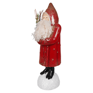 Nostalgic red belsnickle santa figurine by bethany lowe designs glittery red with white beard standing on snowy base