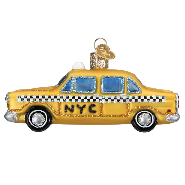 Yellow glass nyc taxi ornament with black and white checkered stripes blue windows silver wheels and a gold keychain for world christmas