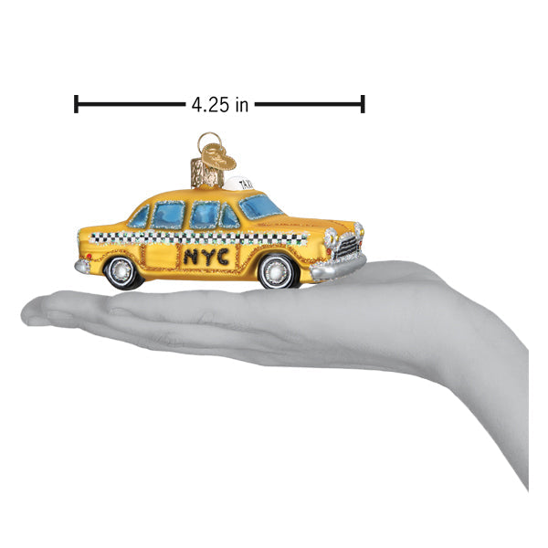 Yellow glass nyc taxi ornament with black and white checkered stripes and nyc lettering perfect for world christmas decor
