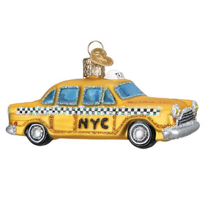 Yellow glass nyc taxi ornament with black and white checkered stripes and silver accents for world christmas decor
