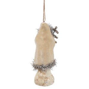 Beige textured oatmeal velvet belsnickle ornament with silver tinsel and metallic beads perfect santa ornament