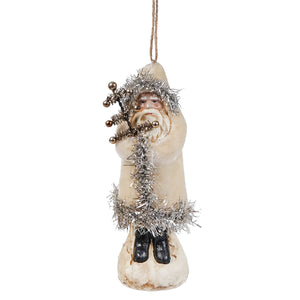 Cream-colored oatmeal velvet belsnickle ornament with silver tinsel metallic beads and black boots santa ornaments
