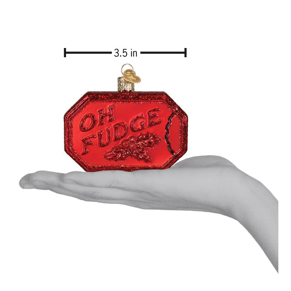 Red glittery glass oh fudge soap ornament with gold lettering and leaf design perfect figural decor or hand sanitizer ornament