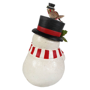 White glittery oh happy day snowman figurine with black top hat red band and striped scarf bethany lowe designs christmas decor