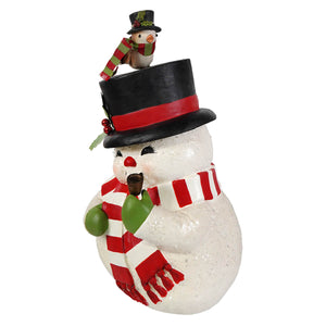 Oh happy day snowman from bethany lowe designs is a white christmas snowman figure in a top hat with scarf and bird detail