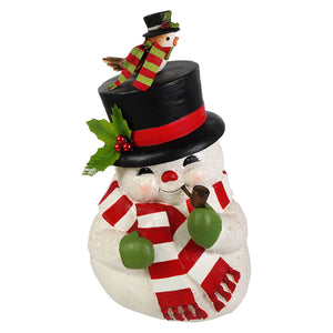 Oh happy day snowman by bethany lowe designs a white christmas snowman figure with a top hat scarf and bird decor