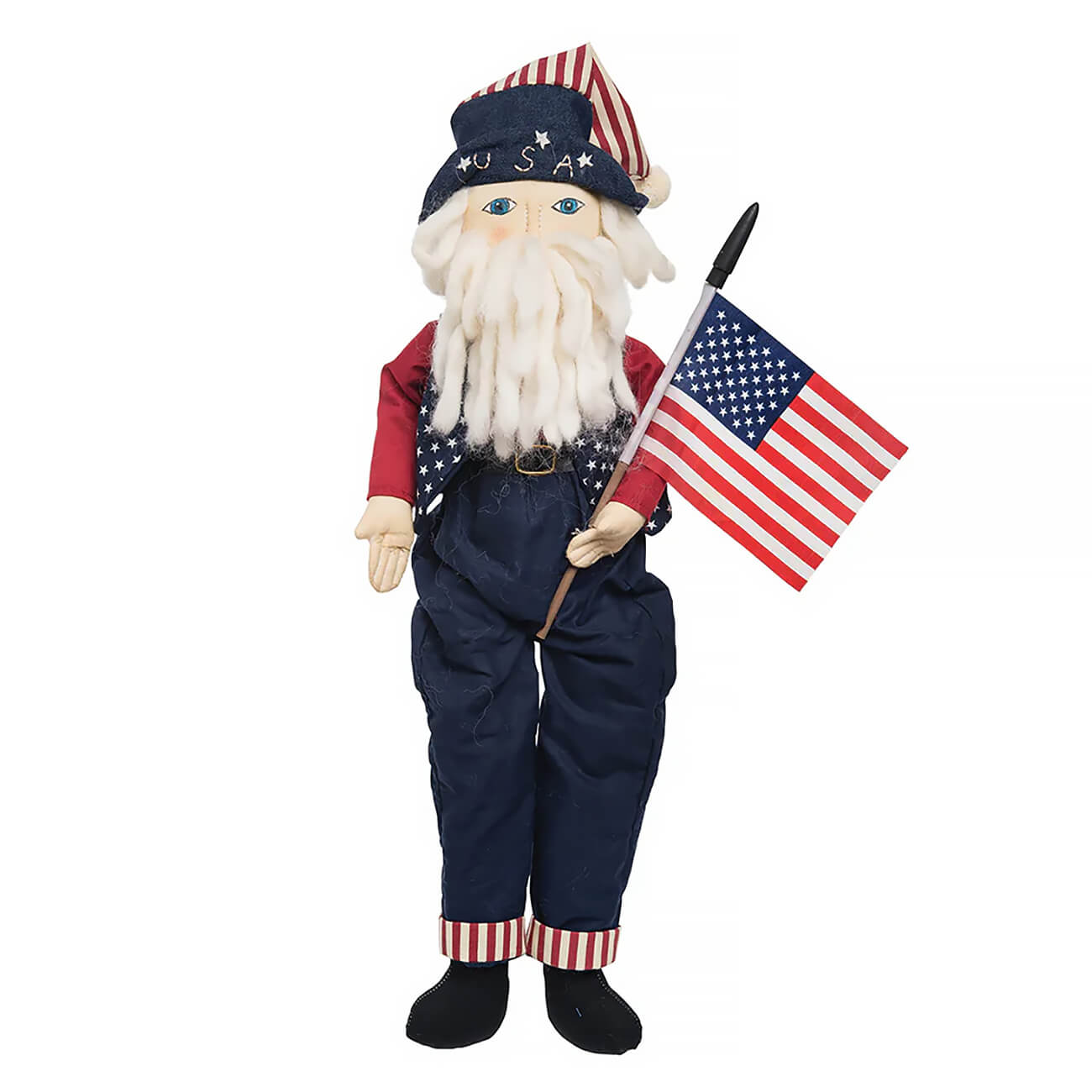 A plush old glory santa doll with white beard wearing red shirt navy star overalls holding an american flag