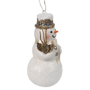 White glittery old gold snowman ornament with gold sequined top hat and golden bow tie by bethany lowe designs for holiday décor