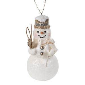 Old gold snowman ornament with glittery gold accents and twig arms by bethany lowe designs for holiday décor