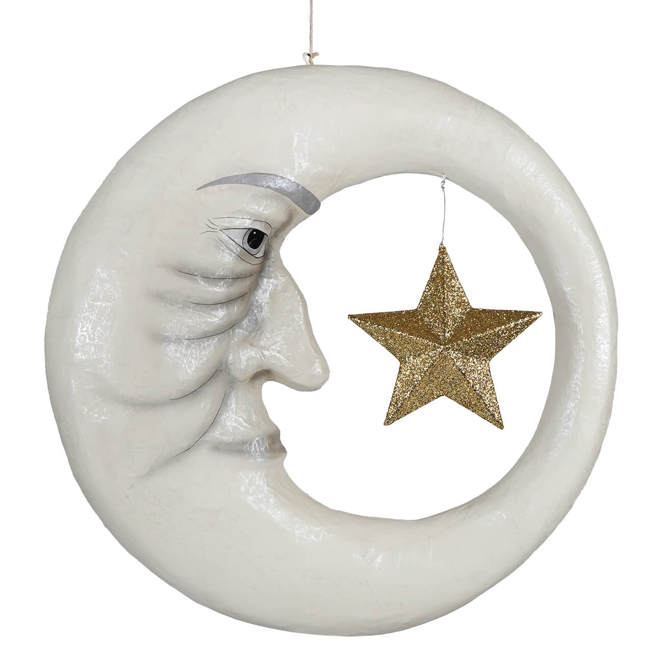 Old man in the moon hanging moon face with star decoration in rustic metal for indoor or outdoor use