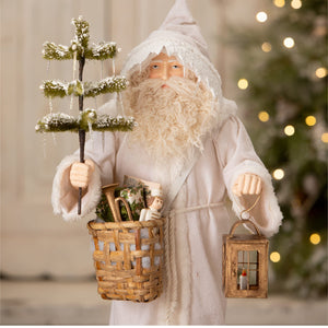 Old man winter santa white bethany lowe designs figurine with fluffy beard holding tree and lantern folk art santa