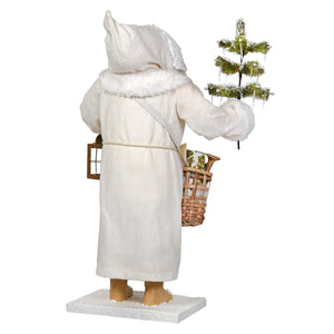 White plush hooded robe with faux fur trim and woven basket shoulder detail in bethany lowe designs santa figures folk art santas