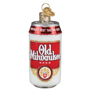 Old milwaukee beer can christmas glass ornament with red white label gold trim and metallic cap, perfect for blue ribbon beer fans