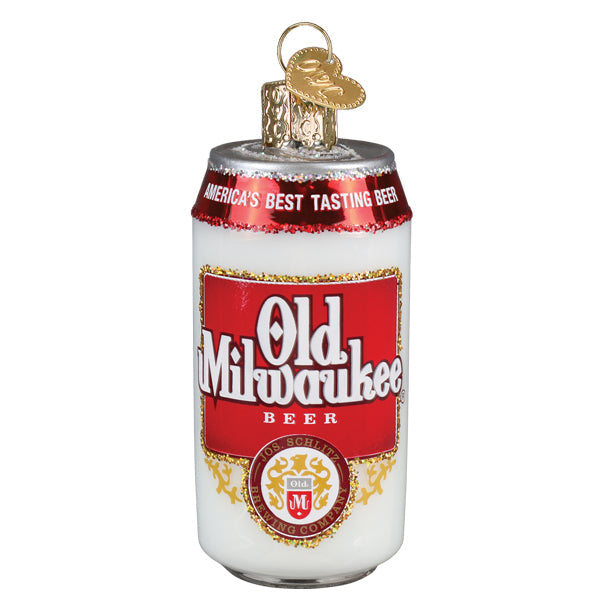 Old milwaukee beer can christmas glass ornament with red white label gold trim and metallic cap, perfect for blue ribbon beer fans