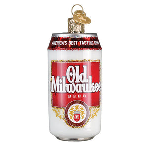 Old milwaukee beer can christmas glass ornament glossy white with red label gold trim perfect for blue ribbon beer fans