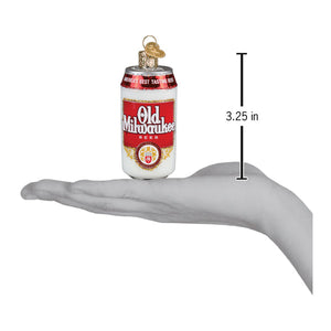 Old milwaukee beer can christmas glass ornament in red white and gold glass with vintage pabst blue ribbon style label
