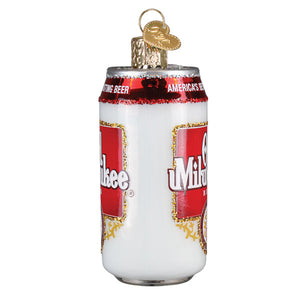 Old milwaukee beer can ornament is a clear glass christmas glass ornament shaped like a white beer can with red and gold details