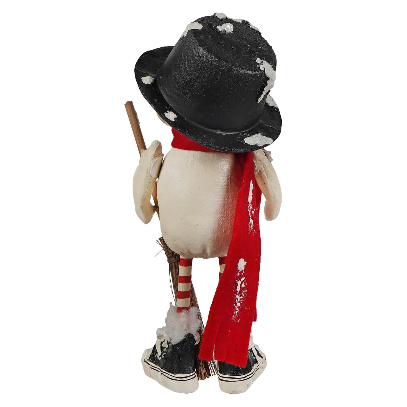 A whimsical olef flake snowman figurine by bethany lowe designs with a black top hat red scarf and candy cane legs