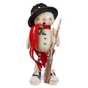 Olef flake charming snowman figurine by bethany lowe designs wearing black hat red scarf holding broom christmas snowman decor
