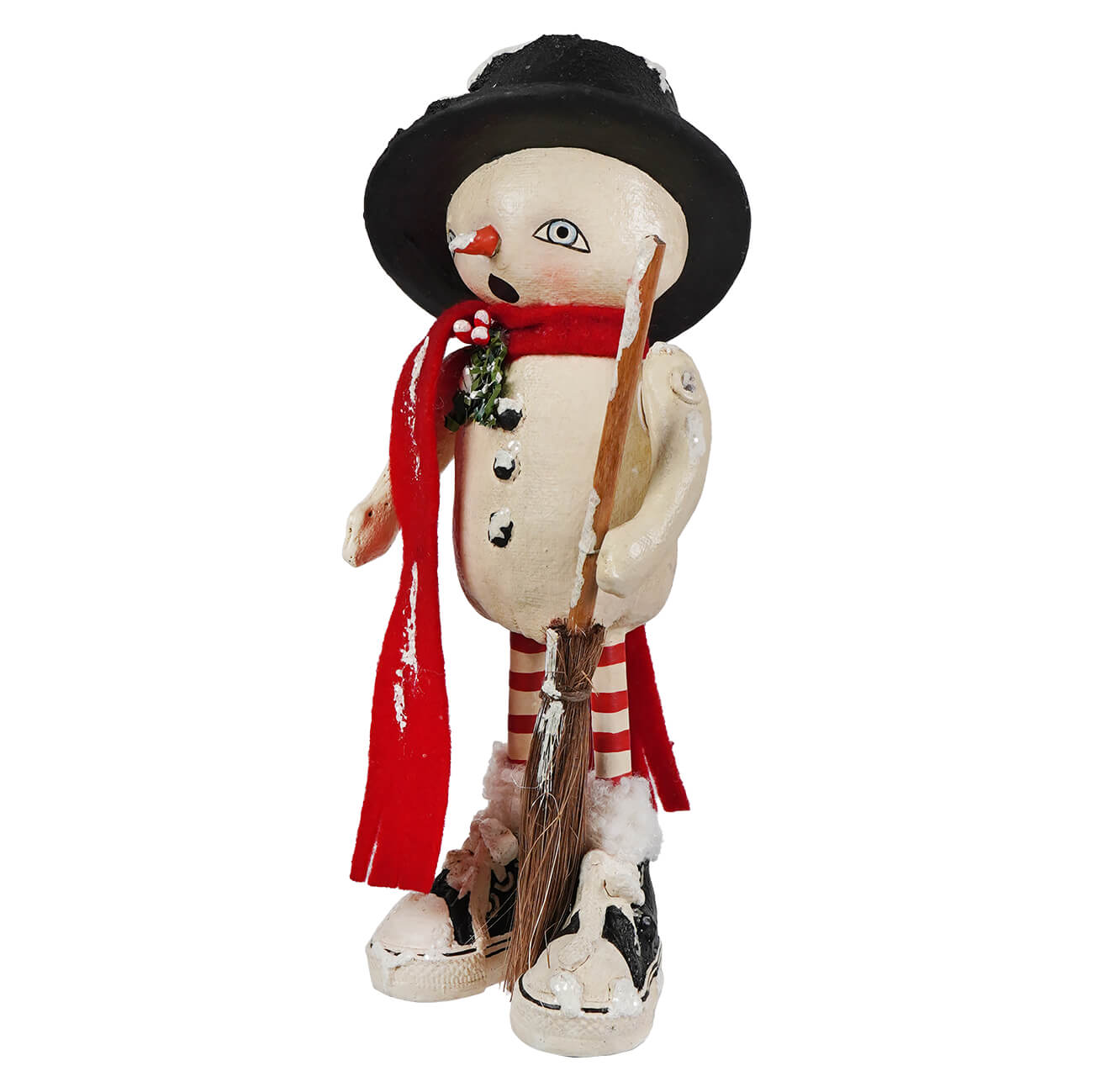 Olef flake whimsical white snowman figurine with top hat scarf and broomstick from bethany lowe designs christmas snowman decor