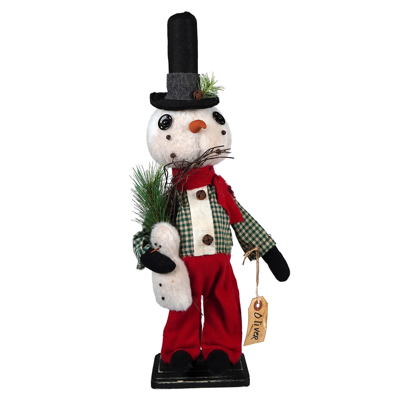 Oliver Snowman Wearing Plaid Green Shirt Red Pants & Top Hat - Christmas