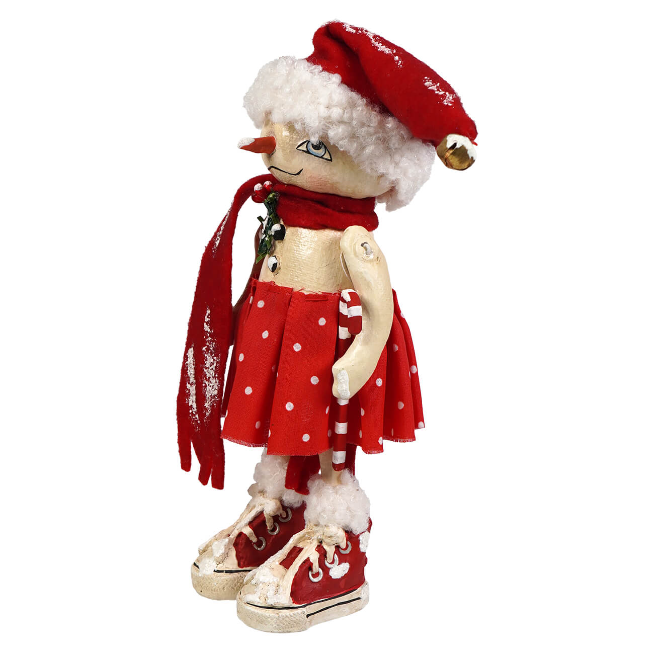 A whimsical olympia flake snowman figurine by bethany lowe designs with red glittery hat polka dot skirt and red sneakers