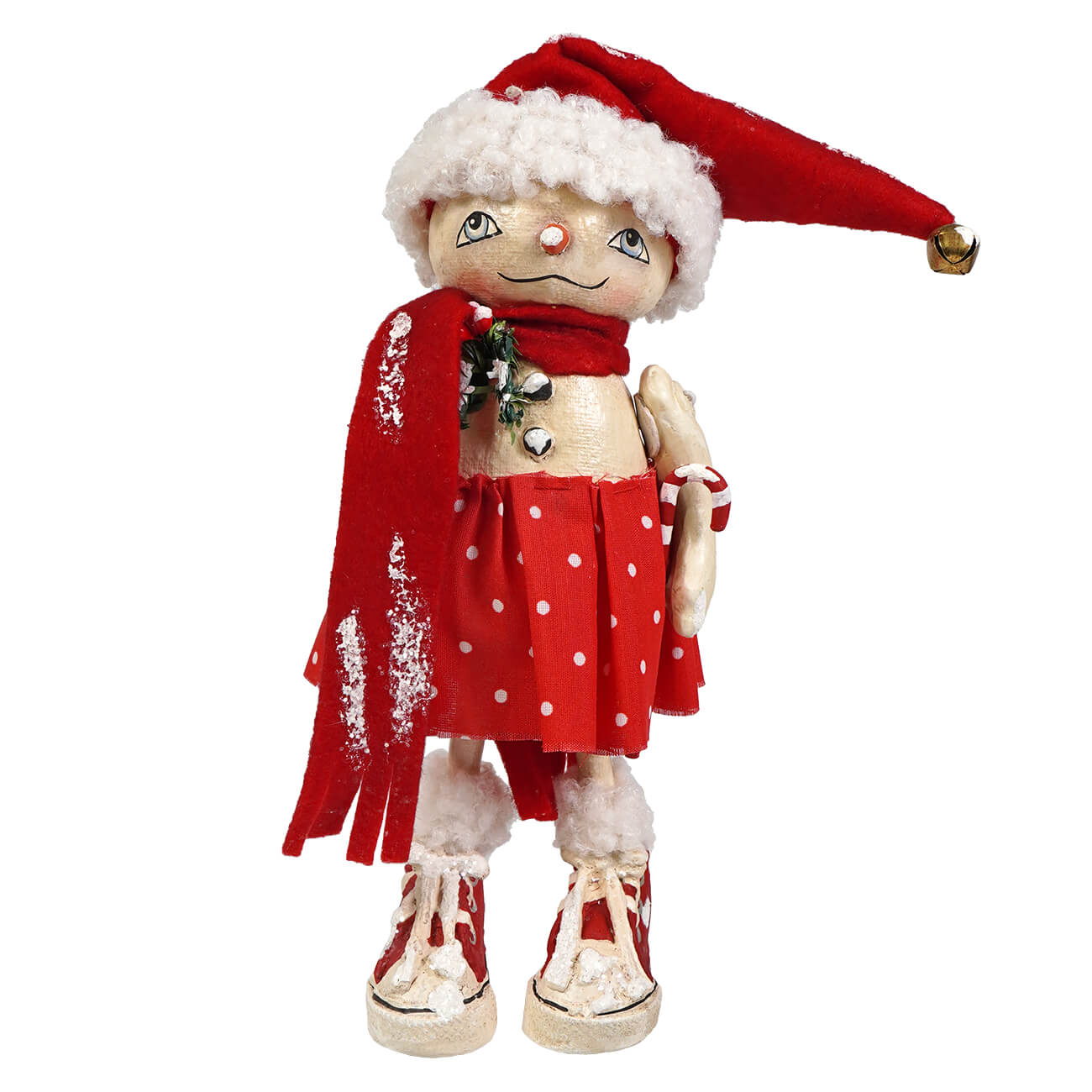 Whimsical olympia flake christmas elf figurine by bethany lowe designs with red fuzzy hat and polka dot skirt perfect for holiday decor