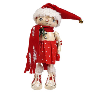 Whimsical olympia flake christmas elf figurine by bethany lowe designs with red fuzzy hat and polka dot skirt perfect for holiday decor