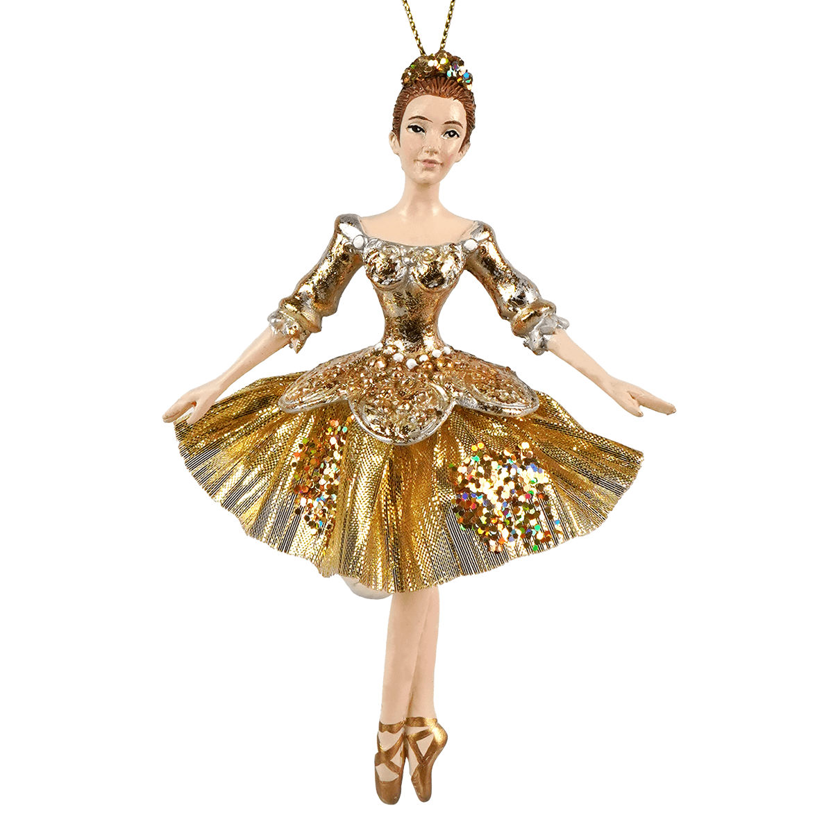 Gold ombré ballerina ornament with sequined tutu and pearl details hanging by chain perfect as kurt adler ornament