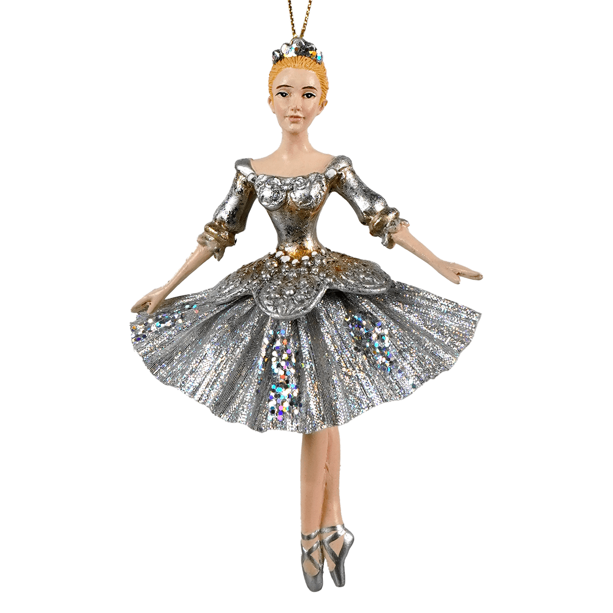 Silver fringe ballerina christmas ornament with glittery tiara and sparkling embellishments for holiday decor