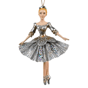 Silver fringe ballerina christmas ornament with glittery tiara and sparkling embellishments for holiday decor