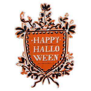 Shield-shaped Halloween sign with decorative floral elements and ’HAPPY HALLOWEEN’ text.