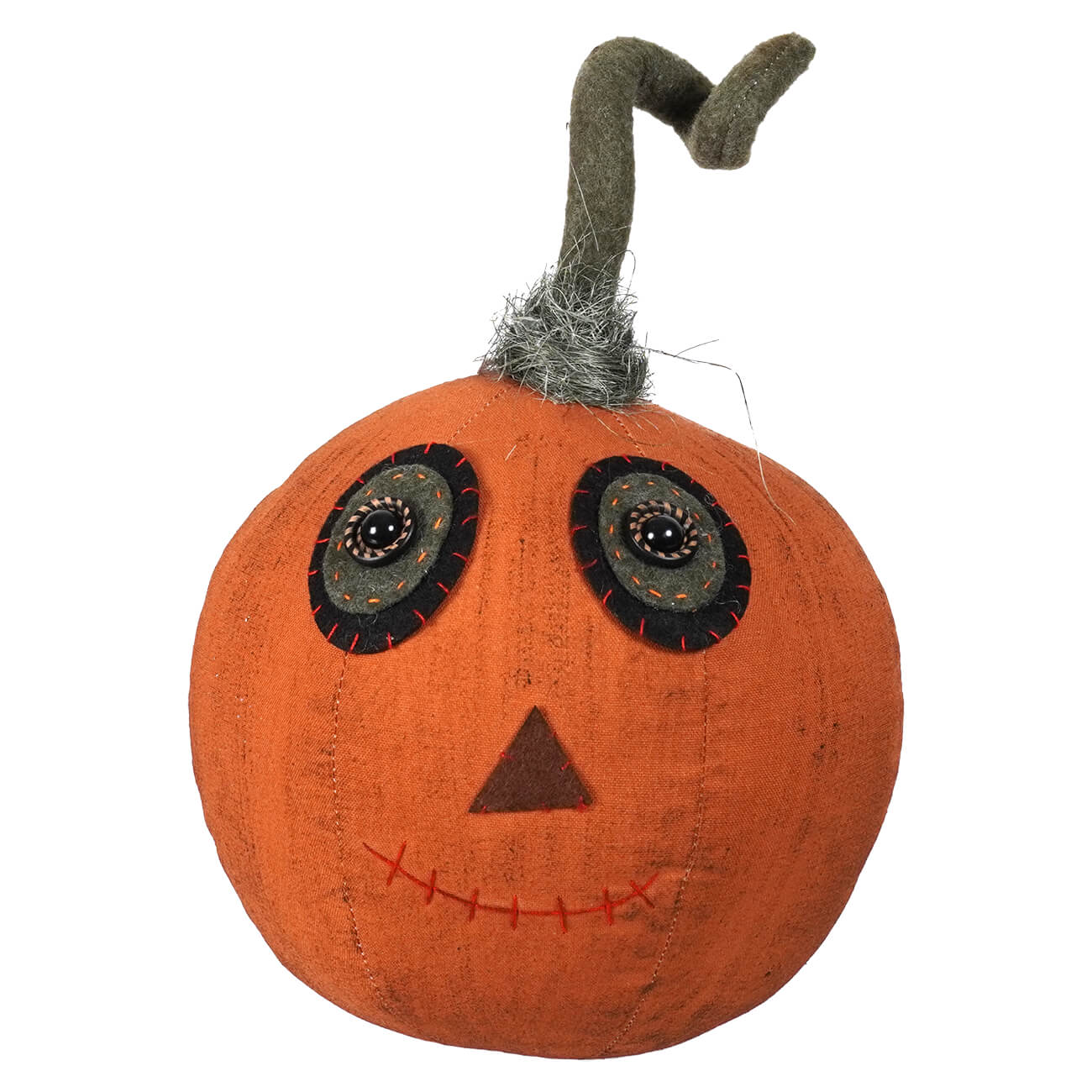 Orange canvas rustic fabric pumpkin with stitched face and curly stem perfect for halloween decor