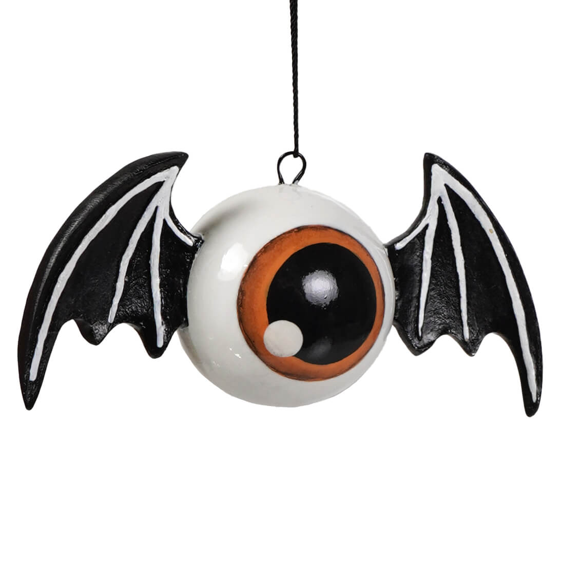 White eyeball bat ornament with dramatic black-and-white wings and oversized orange-and-black eye by bethany lowe designs