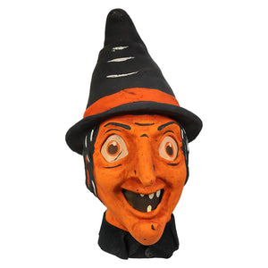 Orange faced witch head lantern with black hat and collar vandolls folk art battery operated halloween decor