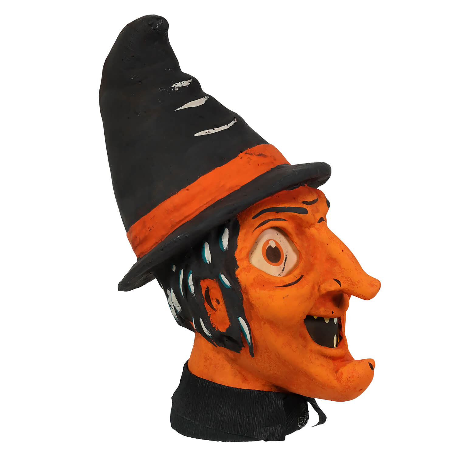 Orange faced witch spooky halloween lantern with black hat and painted features battery operated vandolls folk art