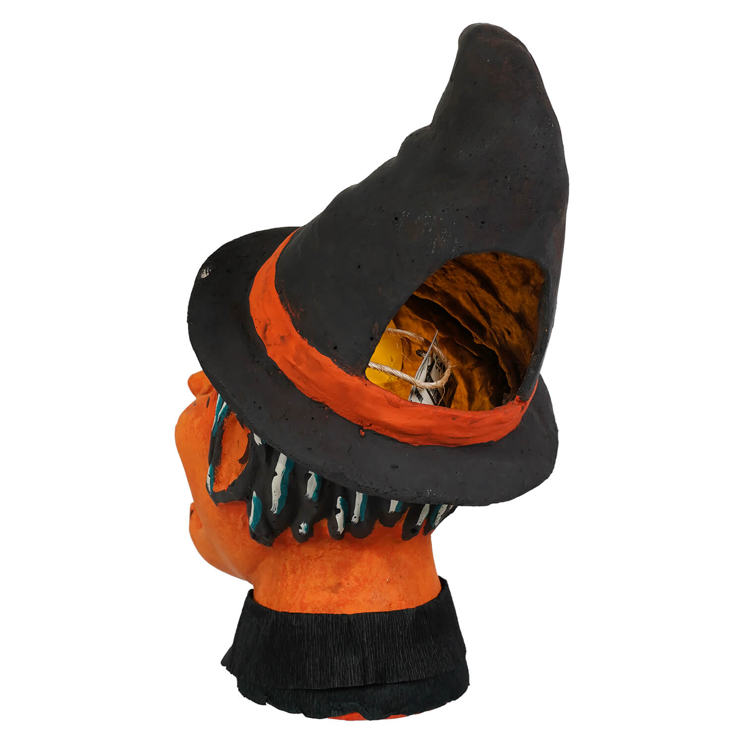Orange faced witch head figurine with black hat and textured interior vandolls folk art battery operated lantern