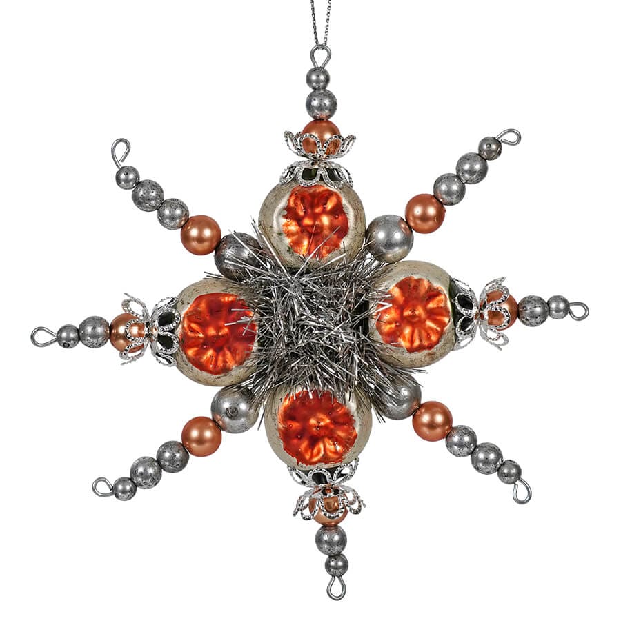 Orange Glass Beaded Snowflake Ornament - Ornaments