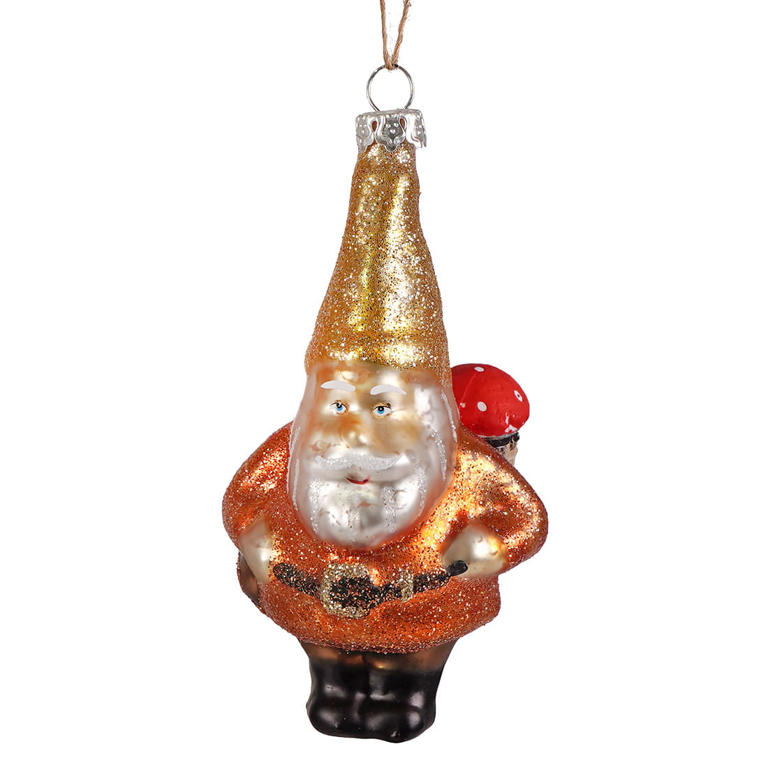 A glittery orange and gold mercury glass gnome ornament with a red polka-dotted mushroom hanging from a silver loop