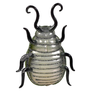 Shiny silver and black glittery beetle ornament with curved antennae from orange green beaded cody foster glass ornament