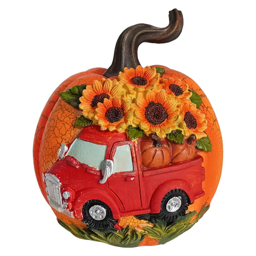 Orange Harvest Pumpkin With Red Truck & Sunflowers