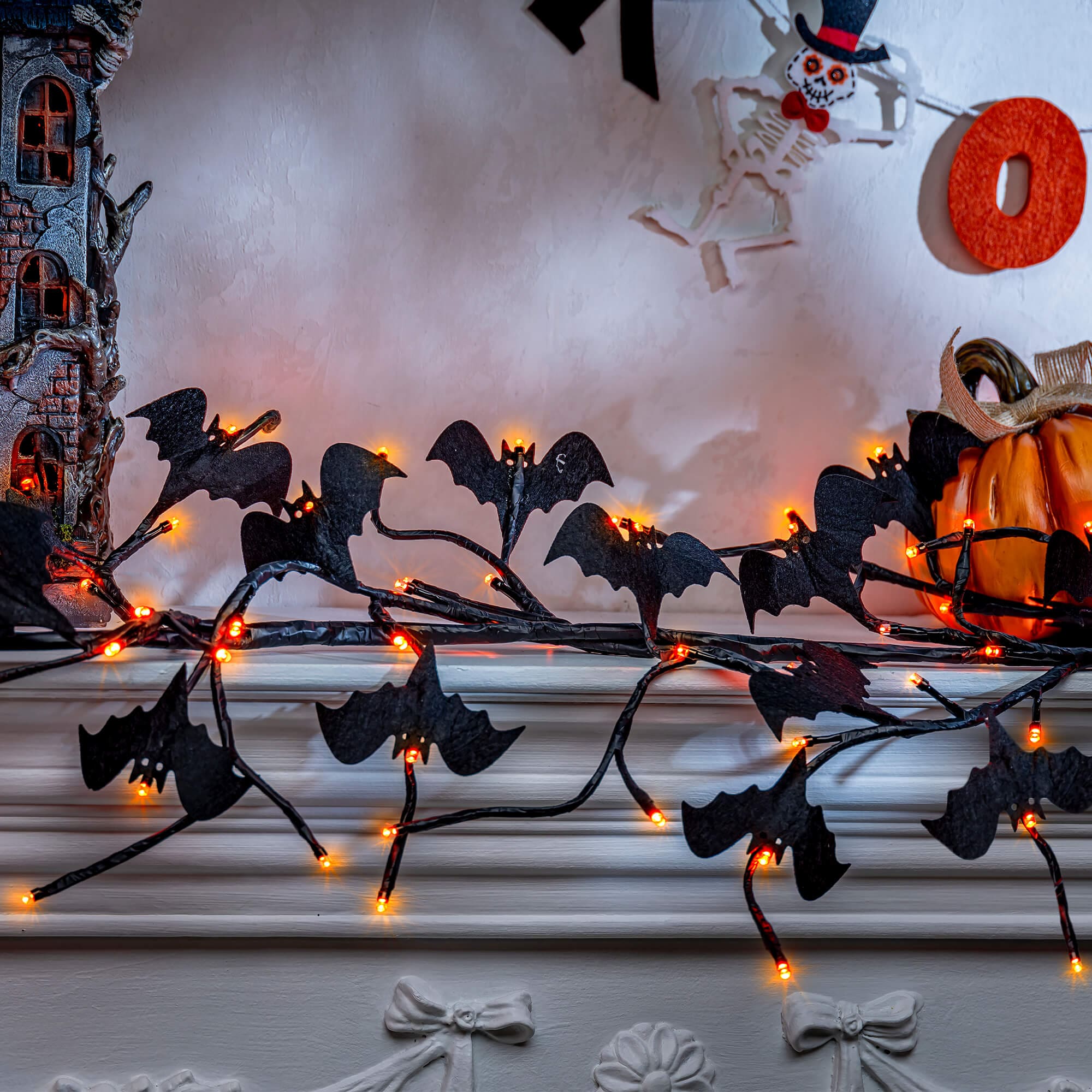 Orange Lighted Black Bat Garland - Halloween