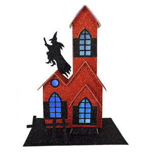 Orange Lighted Haunted House with Witch