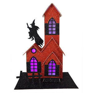 Orange Lighted Haunted House with Witch