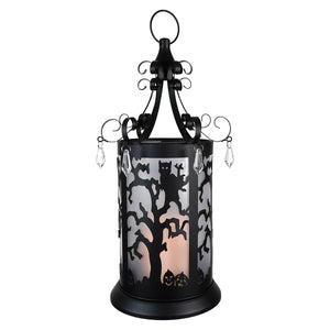 Halloween-themed decorative lantern with silhouettes of cats, owls, and a spooky tree.