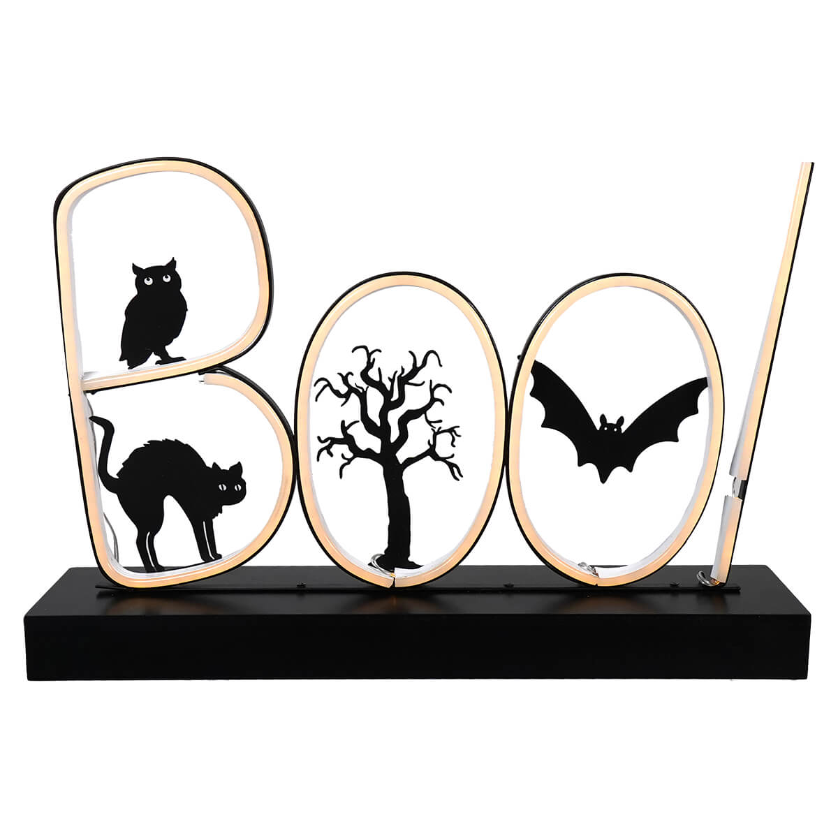 Halloween-themed decorative sign spelling ’BOO’ with spooky silhouettes inside each letter.