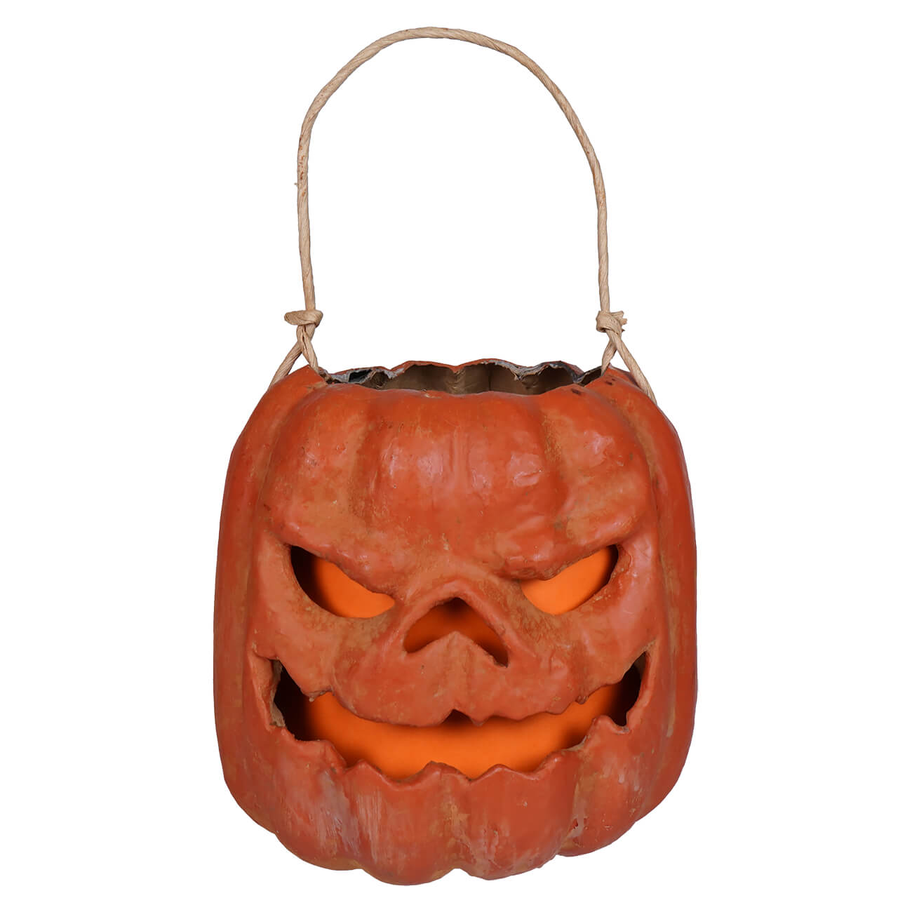 Orange scary face plastic halloween pumpkin bucket with raggedy junction design and handcrafted folk art hanging twine handle