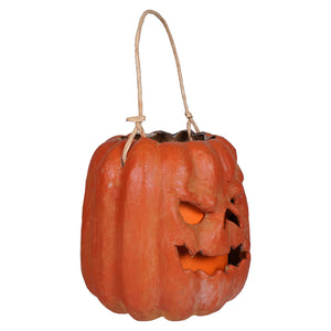 Orange scary face pumpkin bucket with raggedy junction design handcrafted folk art and natural twine handle